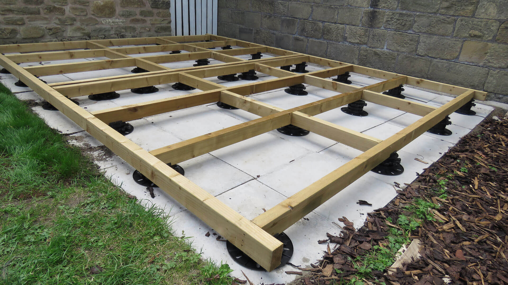 Joist Support Framework for a Garden Shed leveled with Stratarise Pedestals